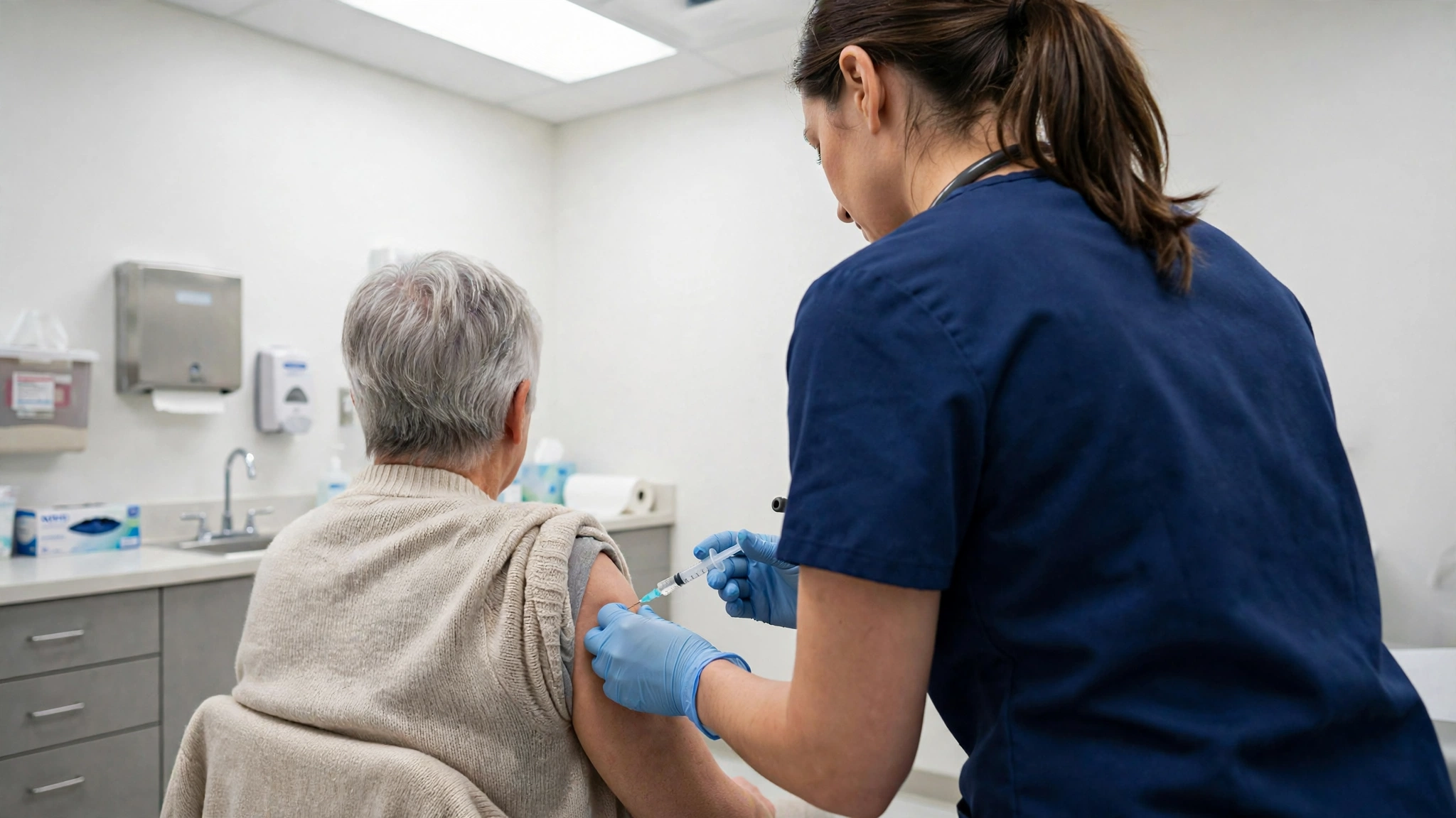 A nurse in blue scrubs giving a shot into the upper arm of a seated older patient in a clinic room, both faces turned away