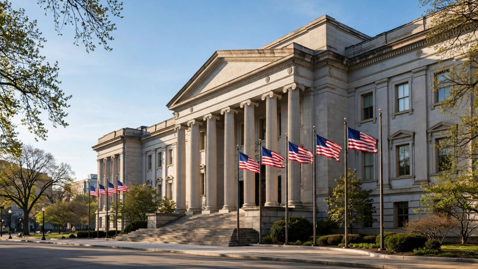 The exterior of a federal government office building in Washington, D.C., with American flags on flagpoles out front.
