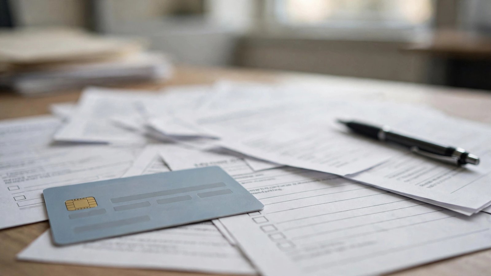 A health insurance membership card and enrollment application forms with a pen on an office desk.