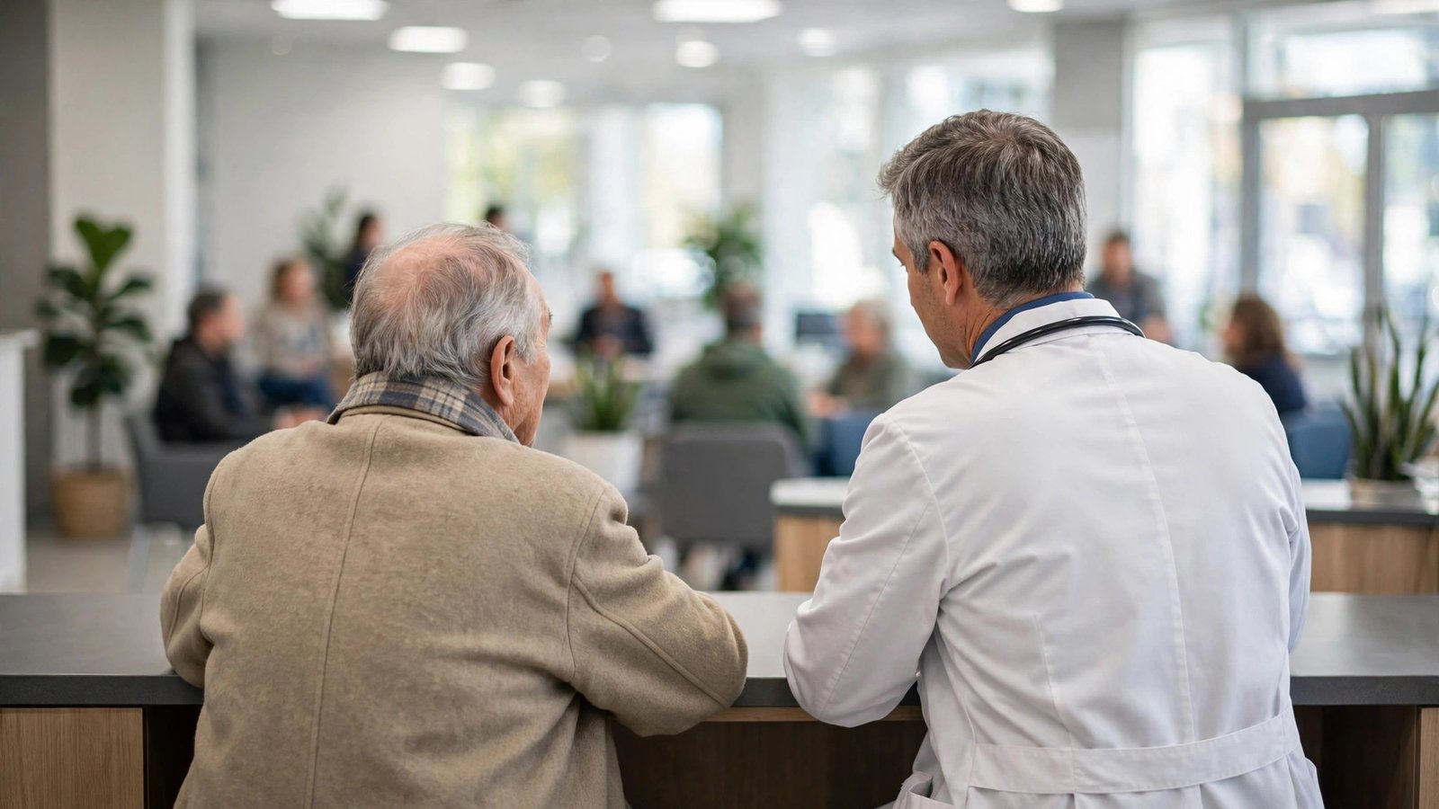 A doctor in a white coat and an elderly man seated at a clinic counter, seen from behind, with other patients blurred in the background.