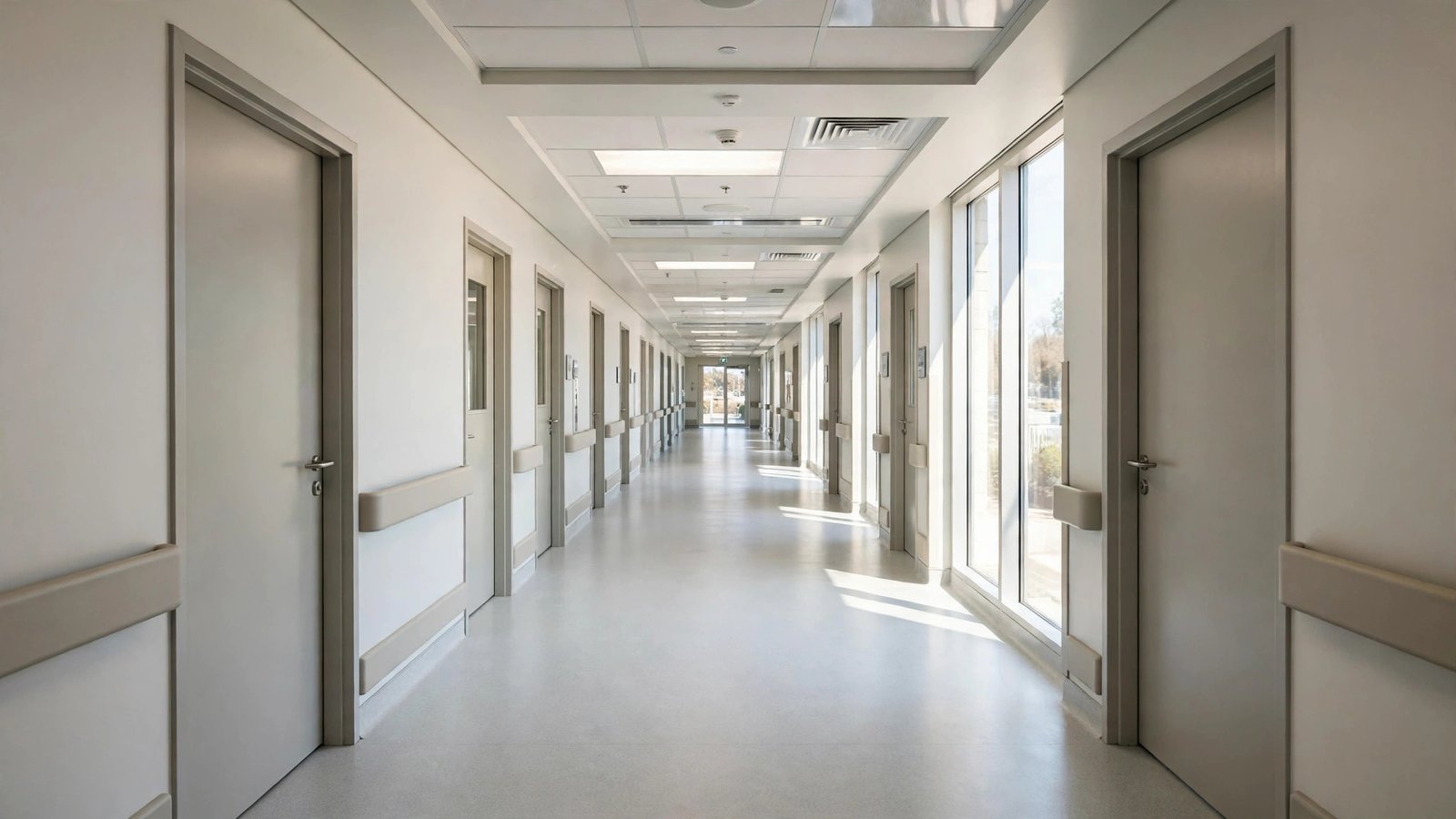 An empty hospital corridor with exam room doors on both sides and daylight from tall windows.