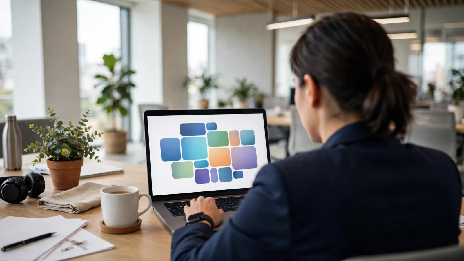 A worker at a laptop in a modern office, with abstract colorful blocks on the screen
