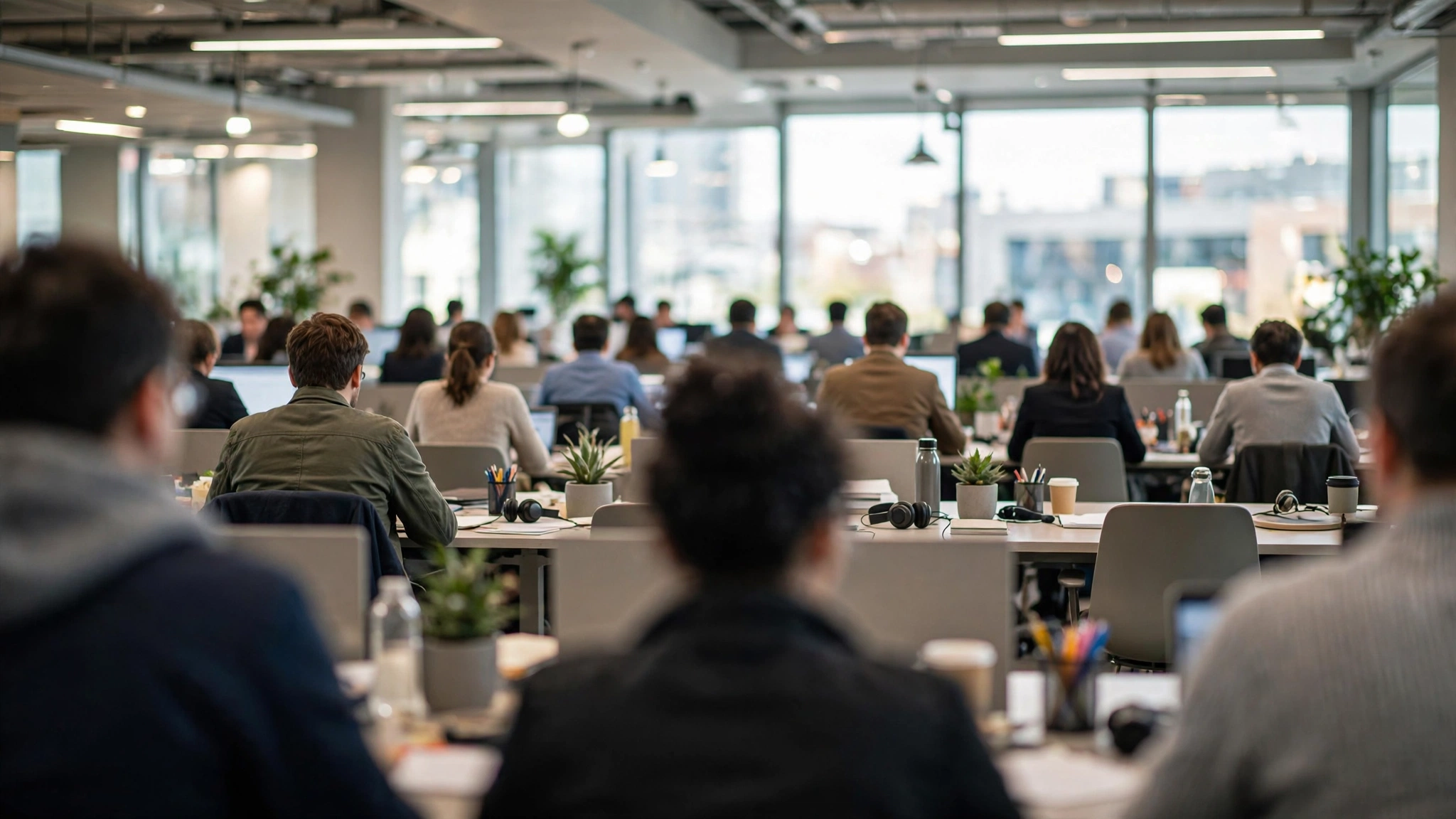 Employees working at desks in a bright open-plan corporate office, seen from behind