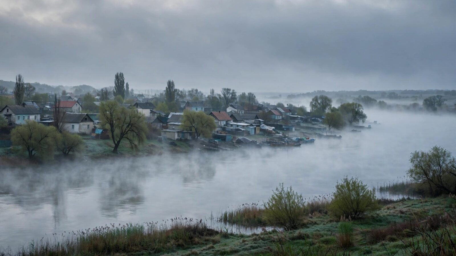 Houses and trees along a wide, misty river under a grey sky at dawn.