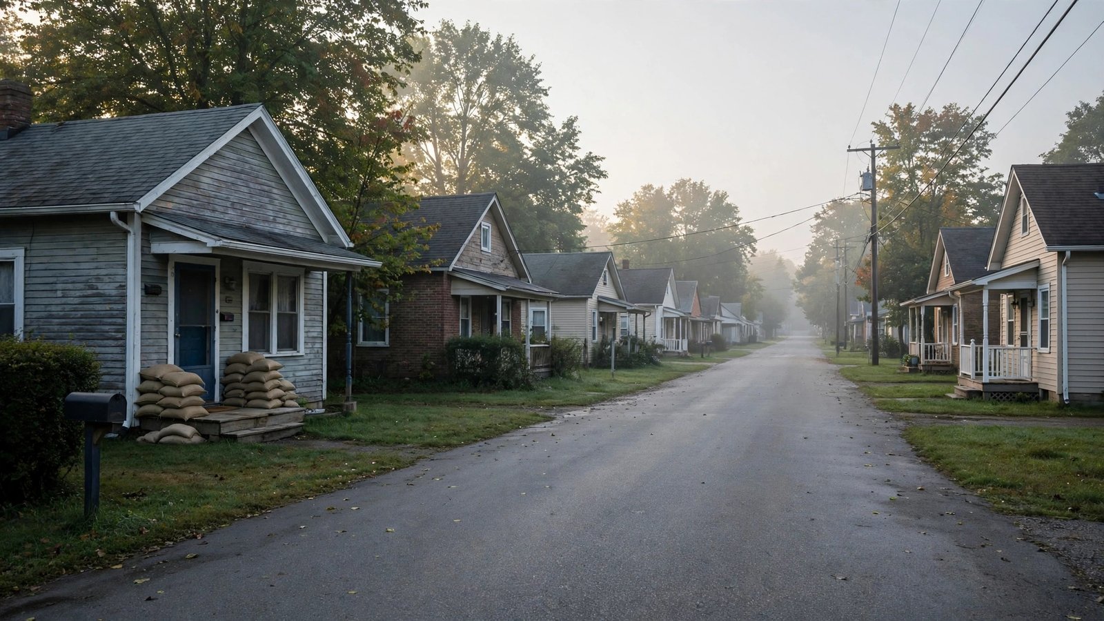 An empty residential street lined with small houses, with sandbags stacked beside a front doorway.