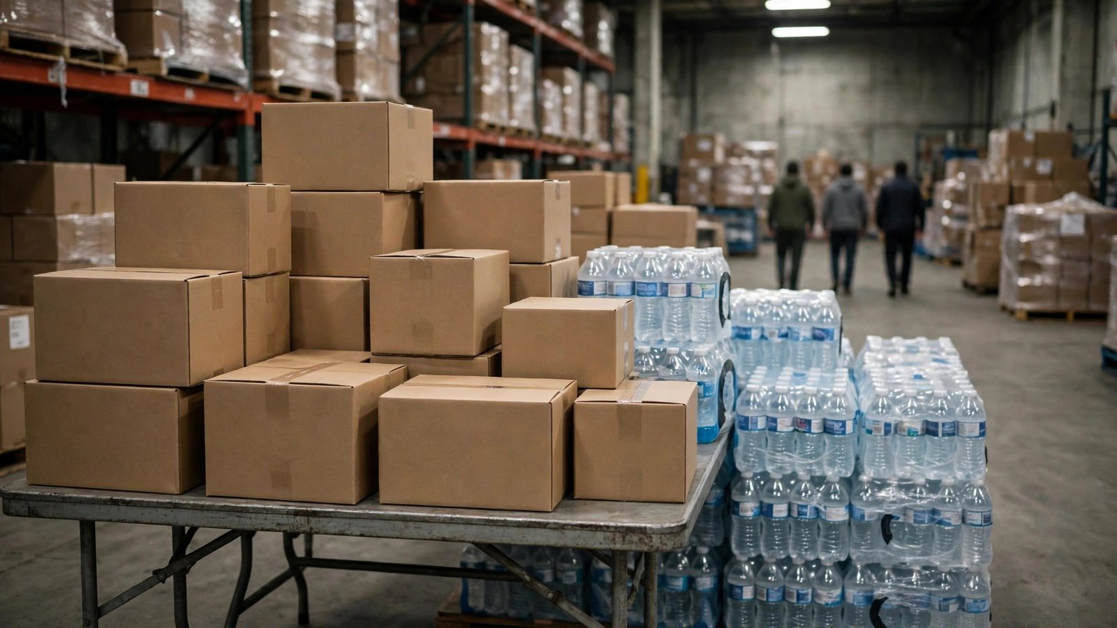 Cardboard boxes stacked on a table beside packs of bottled water inside a warehouse.