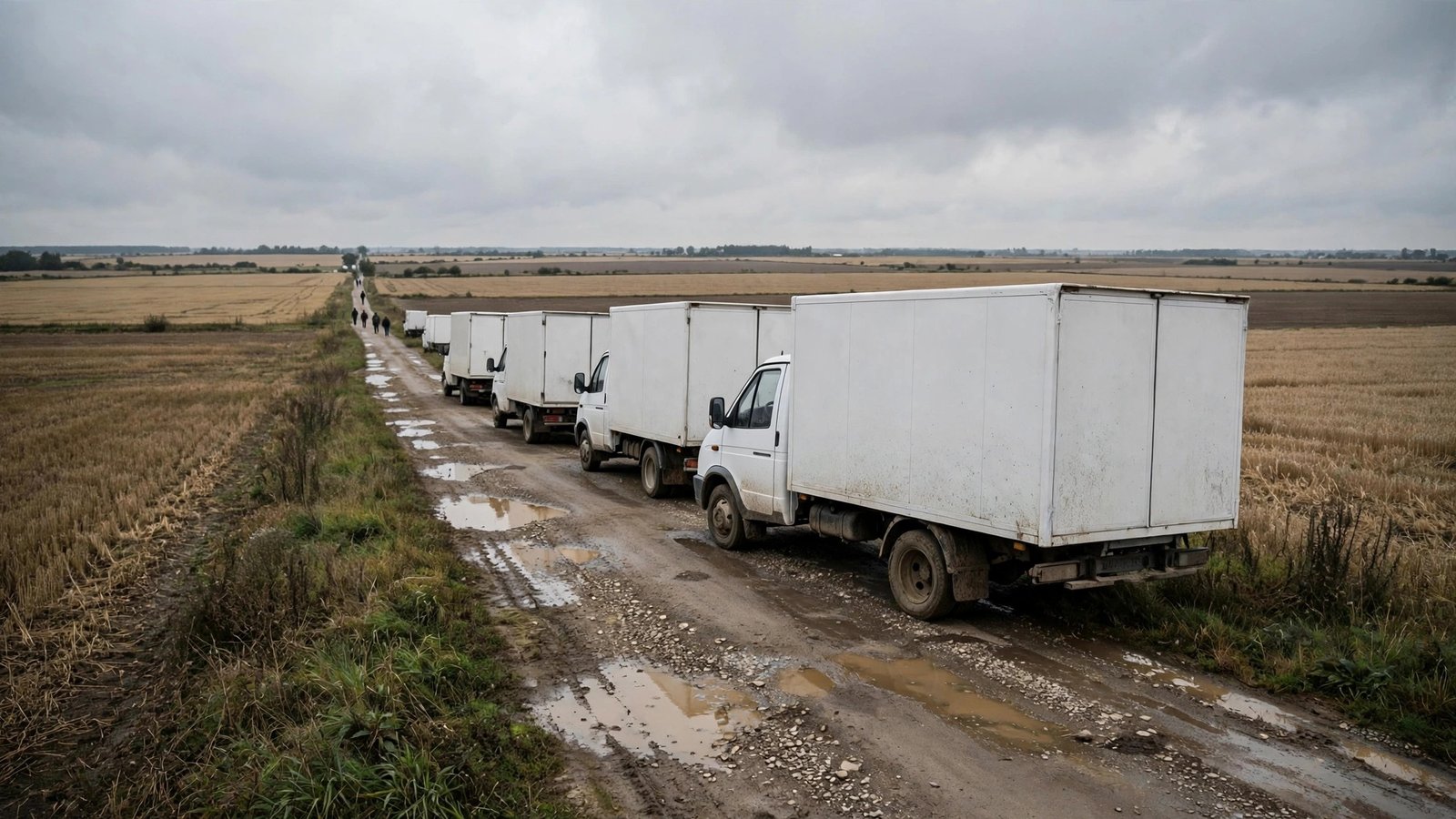 A line of plain white trucks on a muddy rural road between fields under a grey sky.