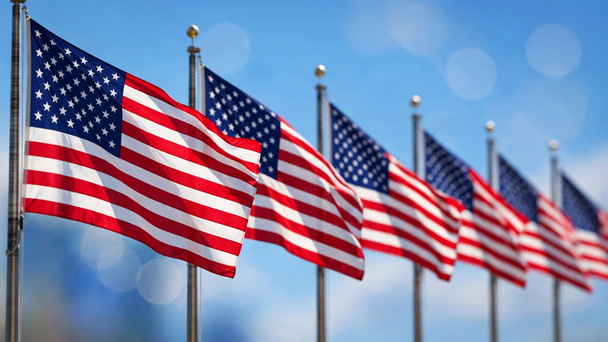 A row of American flags waving against a bright blue sky