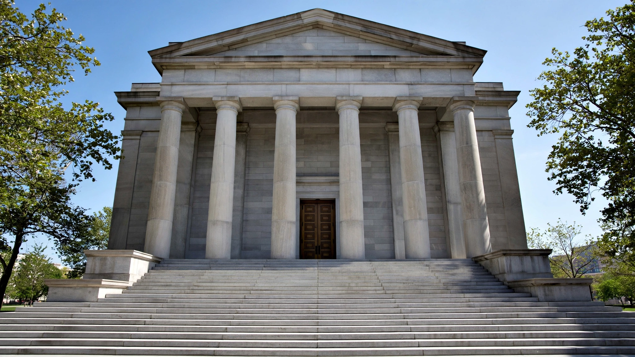 The stone columns and entrance of a federal courthouse building