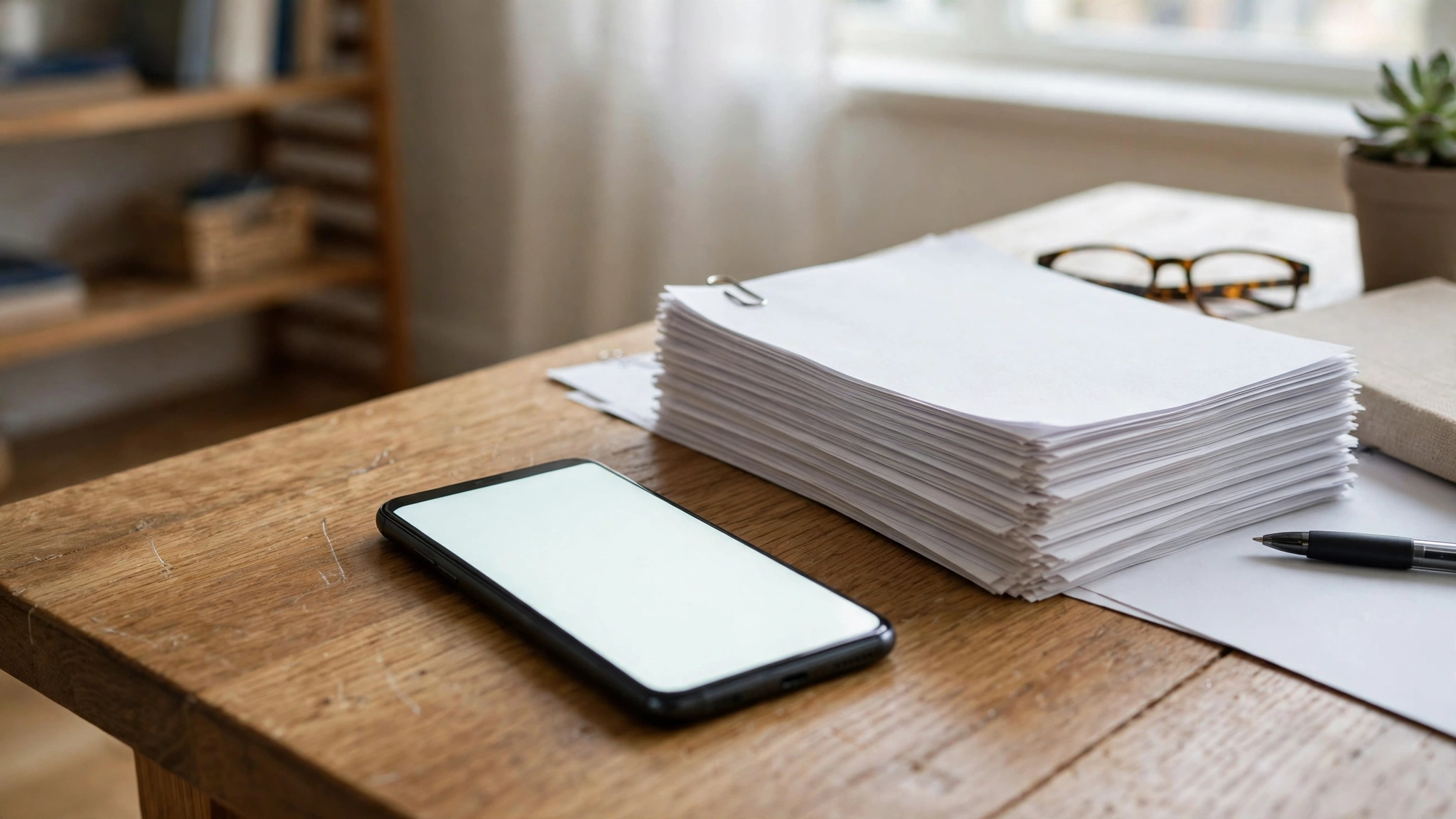 A smartphone with a blank screen lying on a wooden desk next to a stack of paper documents