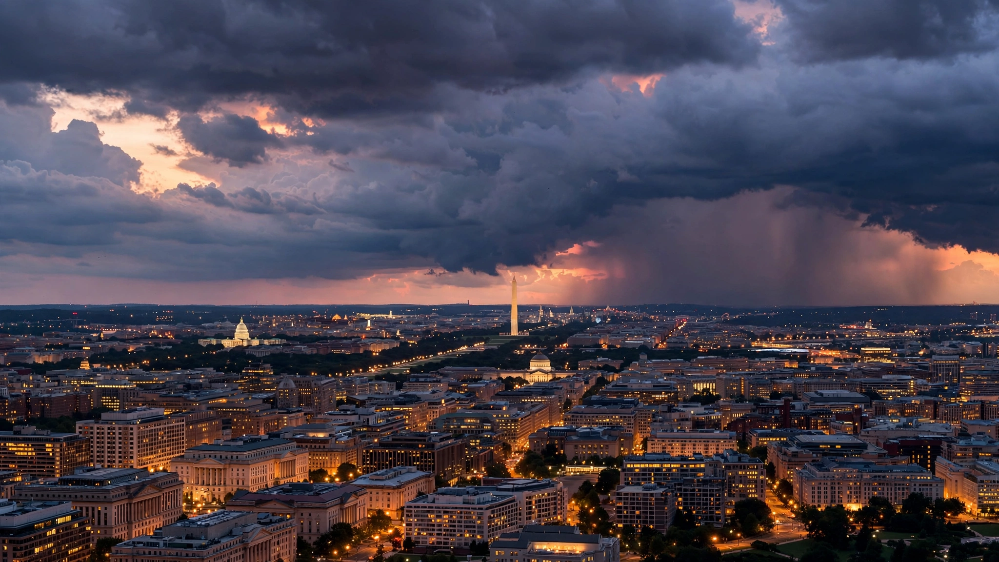 The Washington, D.C. skyline at dusk with the Washington Monument in the distance