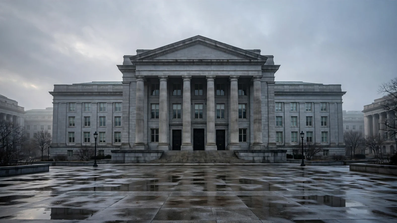 Columned federal government office building in Washington D.C. at dawn under an overcast sky, empty wet plaza in front