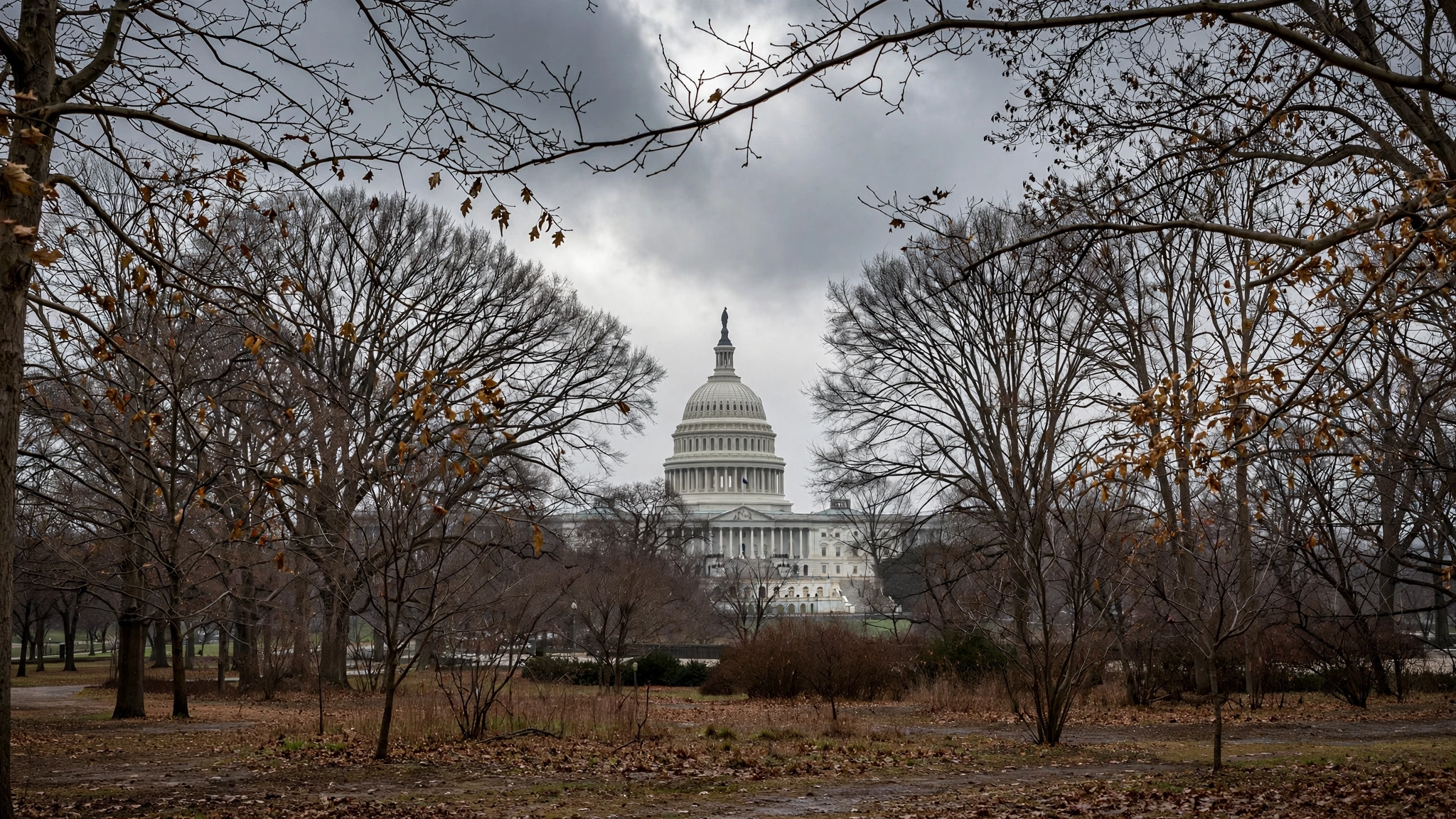 The U.S. Capitol dome framed by bare autumn tree branches on a cloudy day