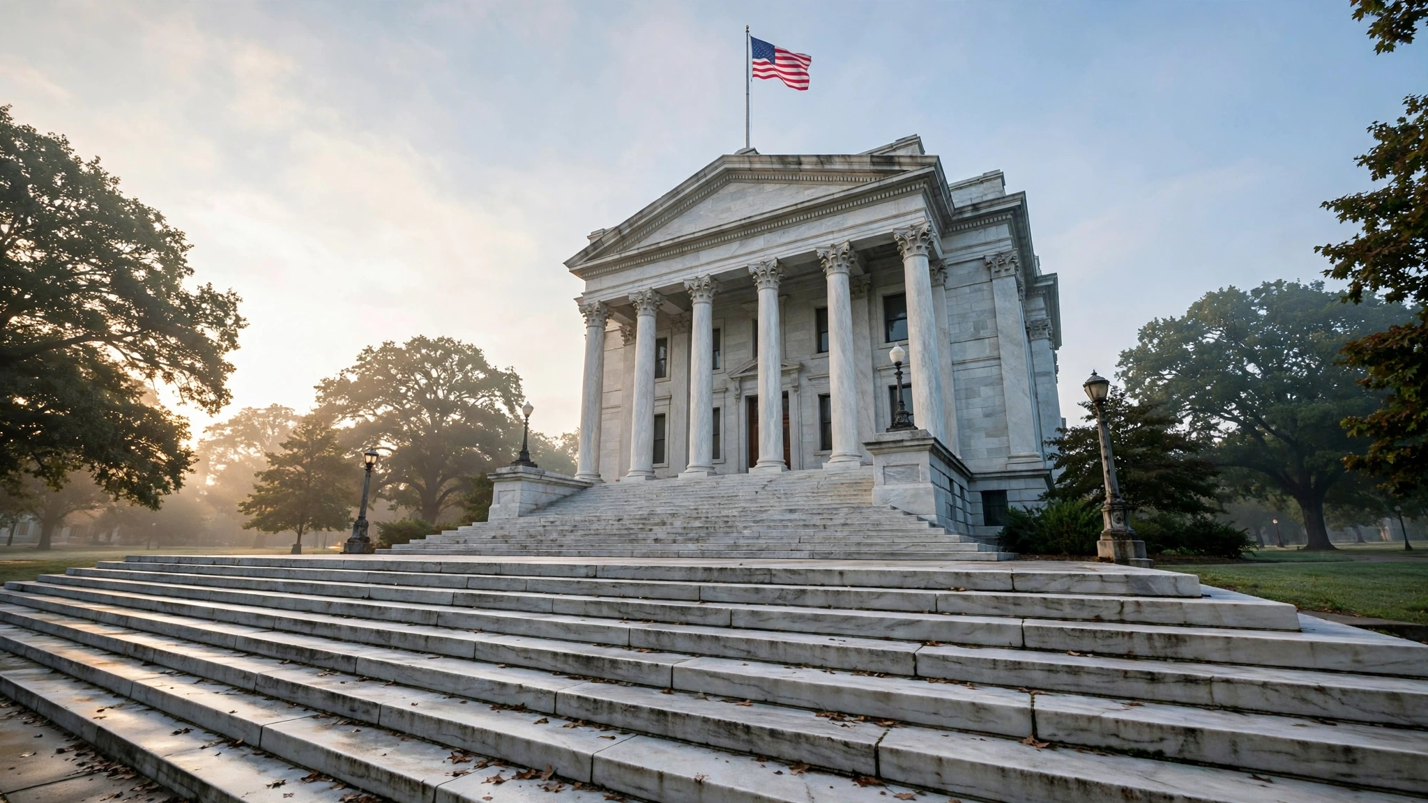 Marble courthouse steps and tall columns with an American flag flying above the entrance, steps empty in morning light