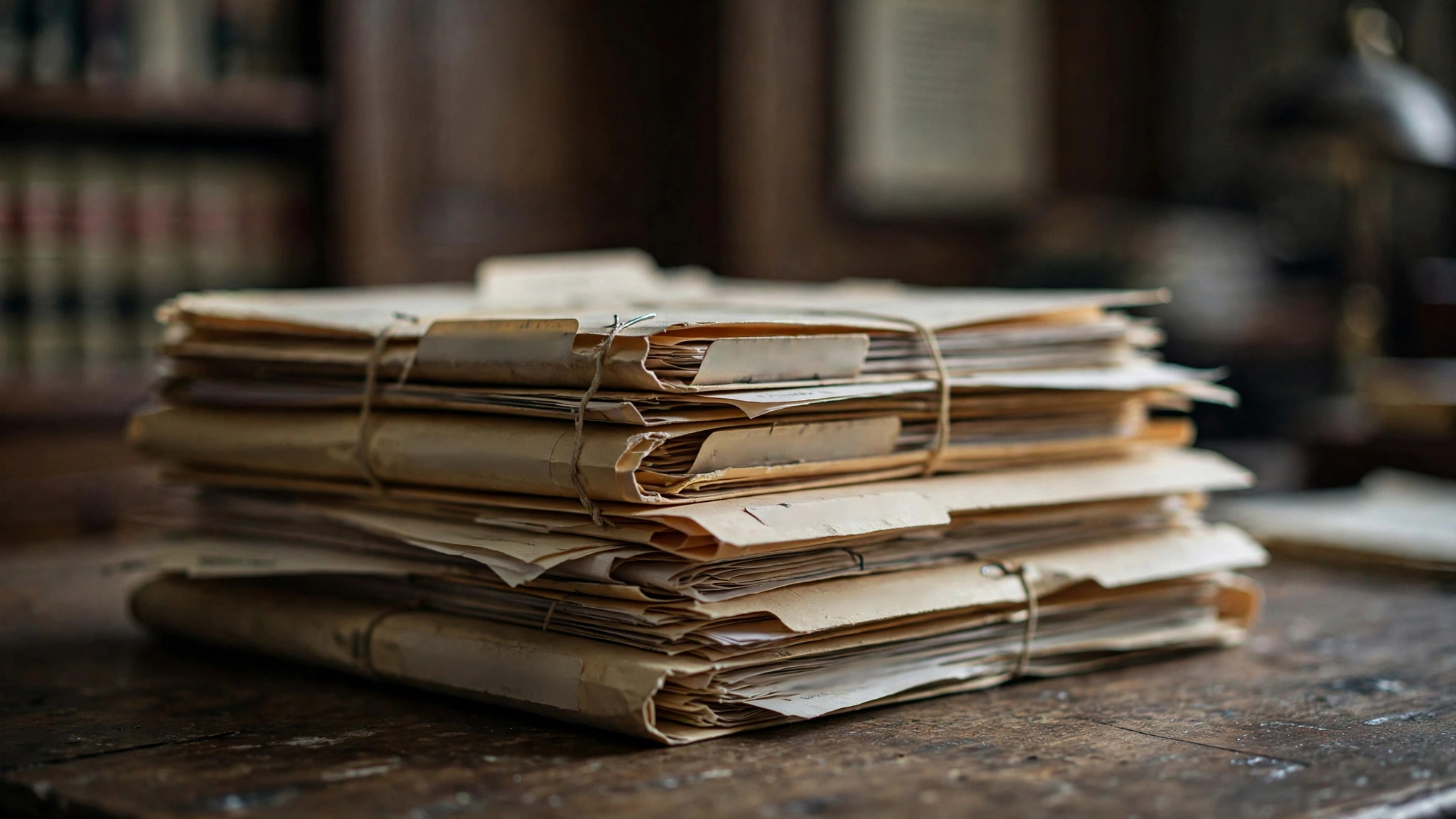 A stack of legal case files and document folders tied with string on a wooden desk, all text blurred and unreadable