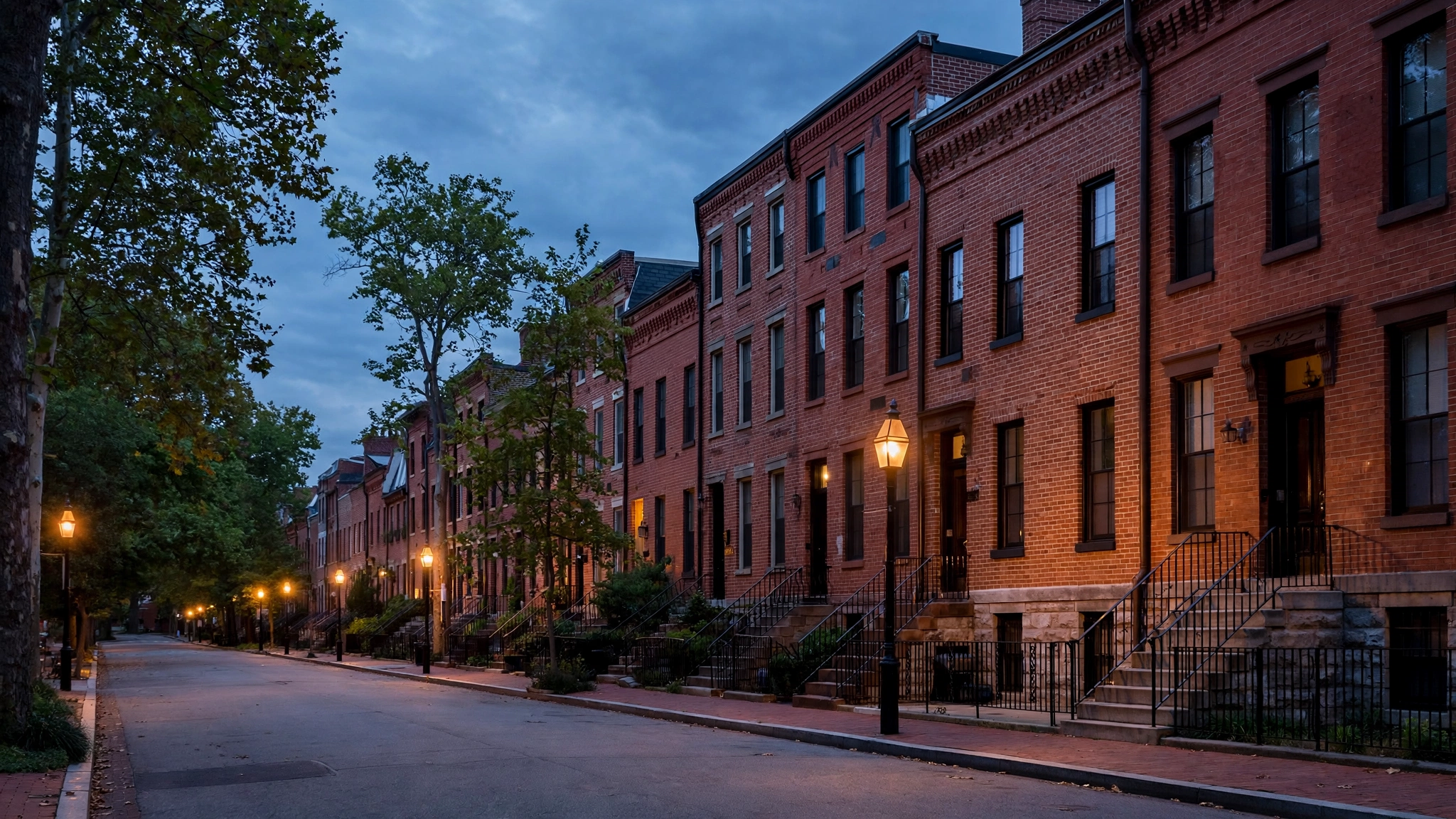 A quiet row of brick townhouses on a residential Washington D.C. street at dusk, streetlamps lit, no people in sight