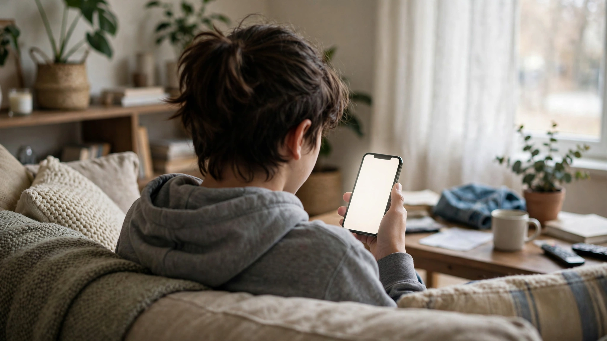 A teenager seen from behind holding a smartphone while sitting on a living room couch