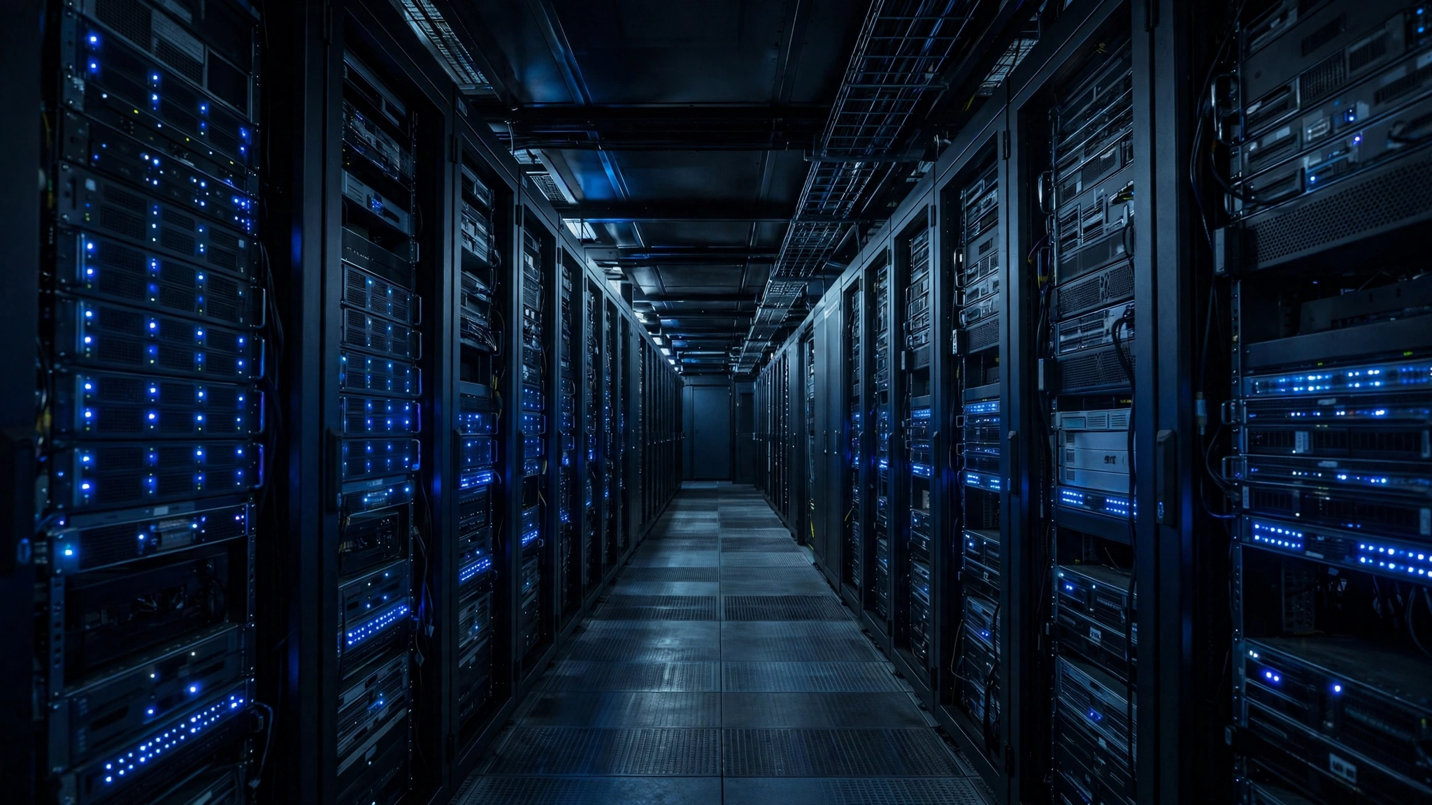 A dark data center corridor lined with server racks glowing with blue indicator lights