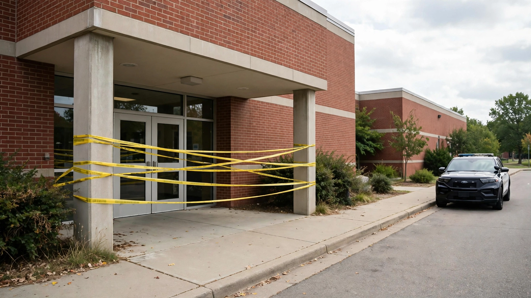 Yellow police tape strung across a school building entrance, with a patrol car nearby