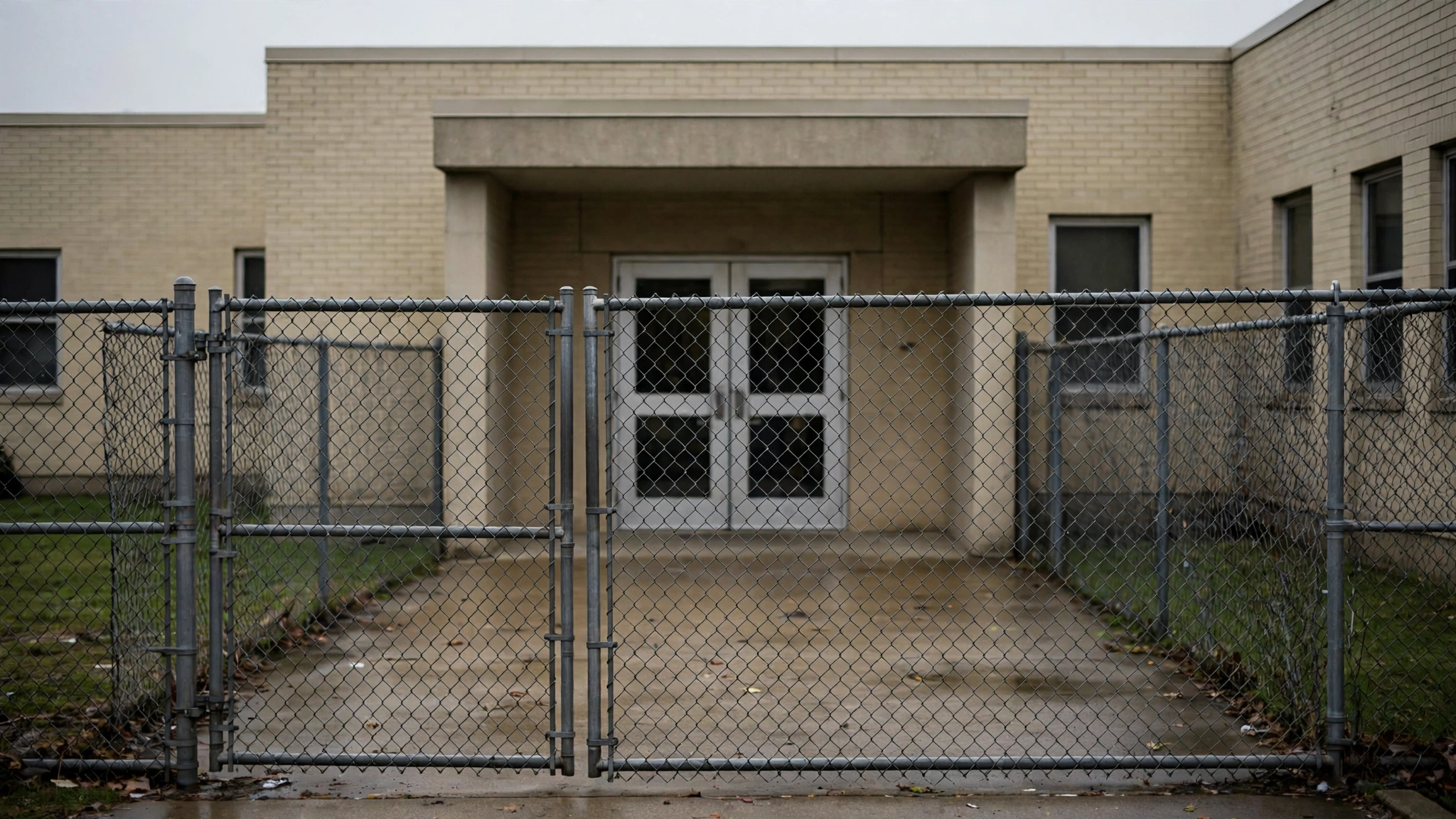 A chain-link fence in front of a plain school building entrance