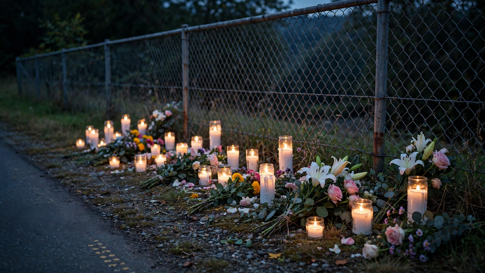 Lit candles and flowers at a roadside memorial along a fence at dusk