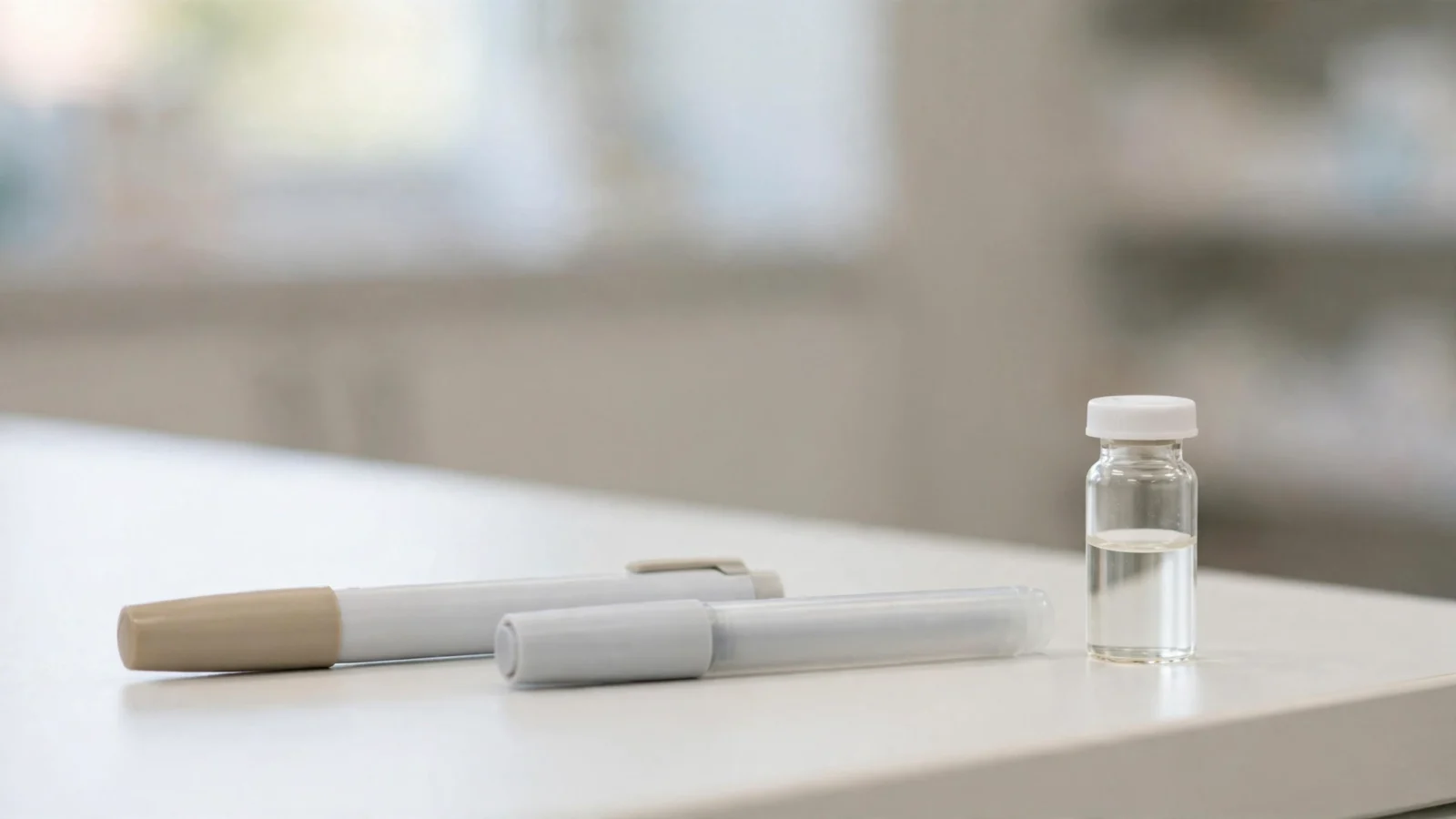 Two plain unbranded medication injection pens and a small glass vial arranged on a clean white pharmacy counter