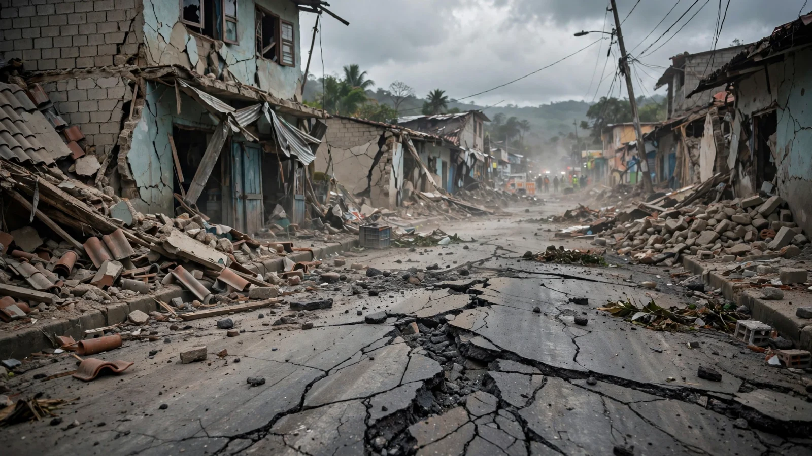 A cracked street lined with damaged low-rise buildings and rubble after an earthquake in a Central American town.