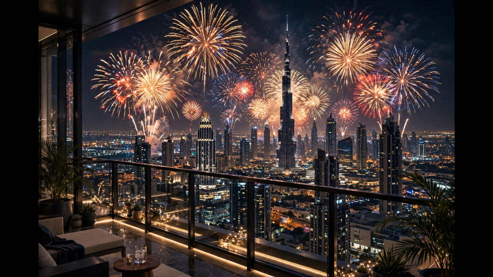 Fireworks over the Burj Khalifa and Dubai's skyline on New Year's Eve, seen from a high-rise balcony.