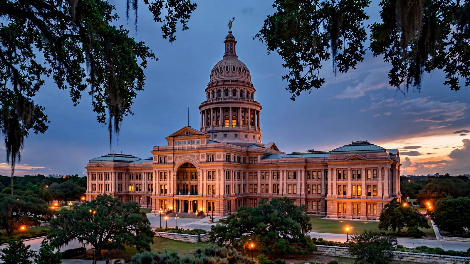 The Texas State Capitol in Austin at dusk.