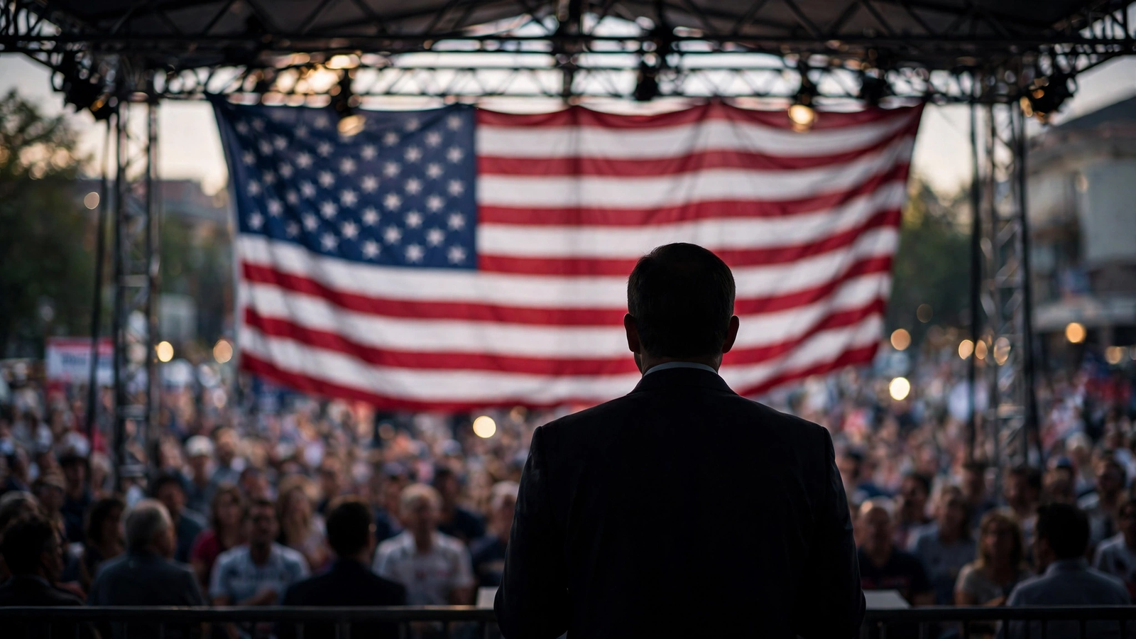 An anonymous candidate speaking at a Texas campaign rally, seen from behind, with a blurred crowd.