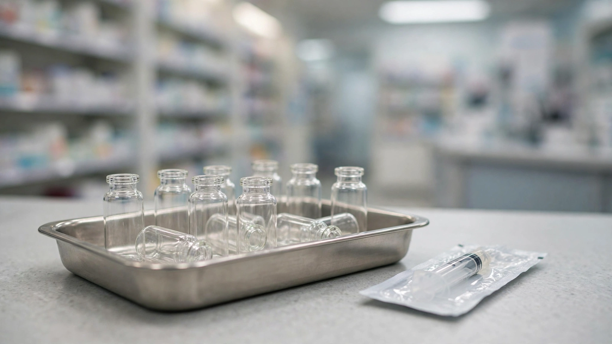 A metal tray of small blank glass medicine vials with a sealed syringe packet on a pharmacy counter