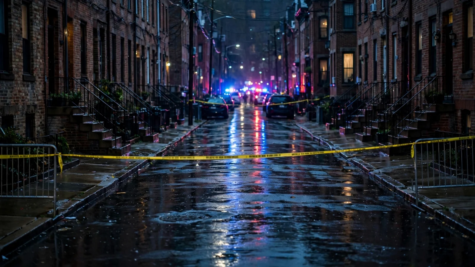 A brick row-house street in Philadelphia at night cordoned off with police tape, with red and blue emergency lights glowing in the distance.