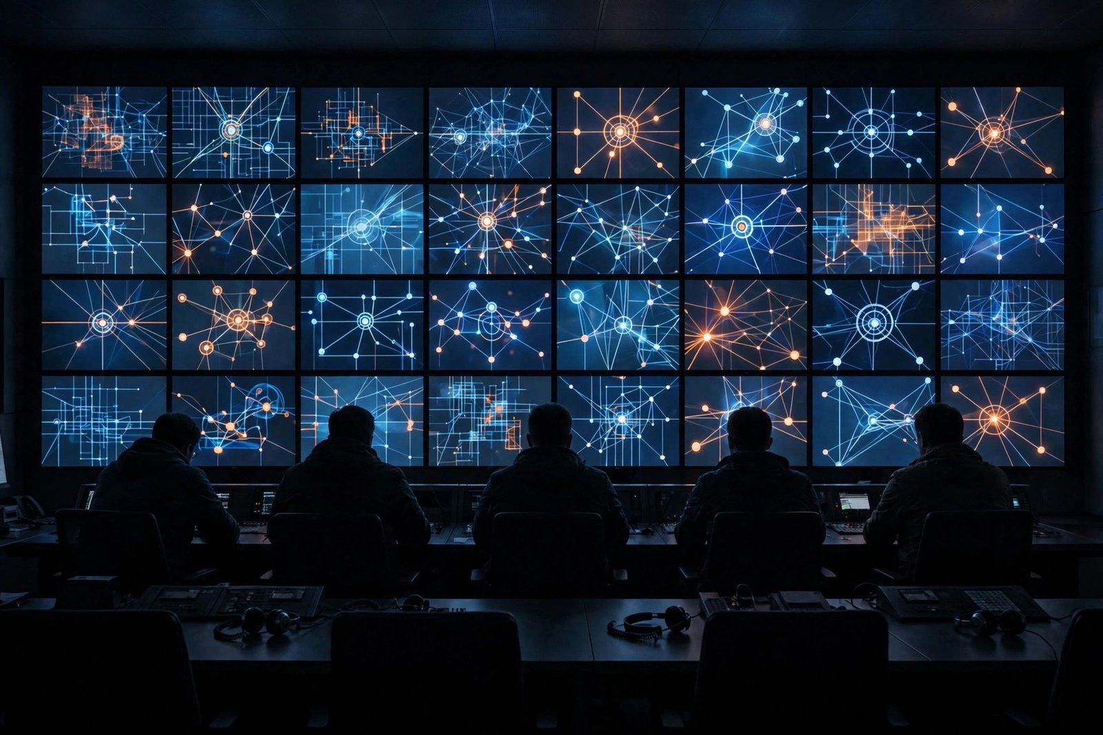 Operators in a dark electrical grid control room facing a wall of glowing grid monitors
