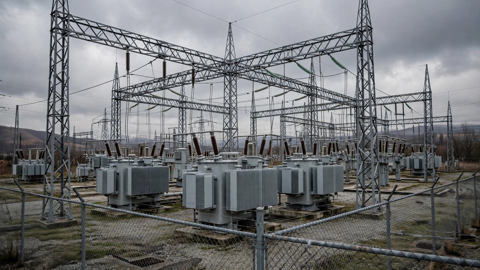 Electrical substation with large transformers and steel gantry structures