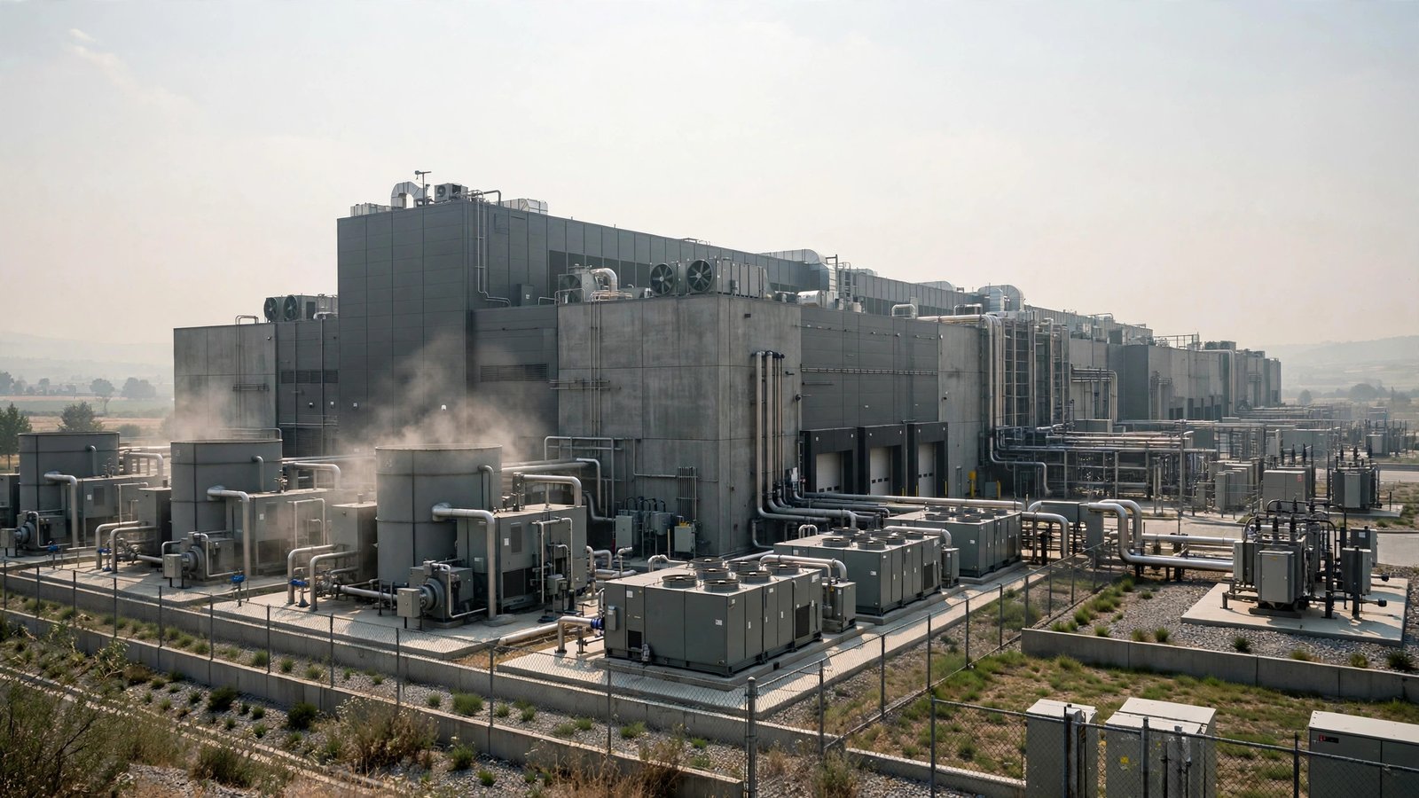 Large data center building with rooftop cooling equipment under a hazy sky