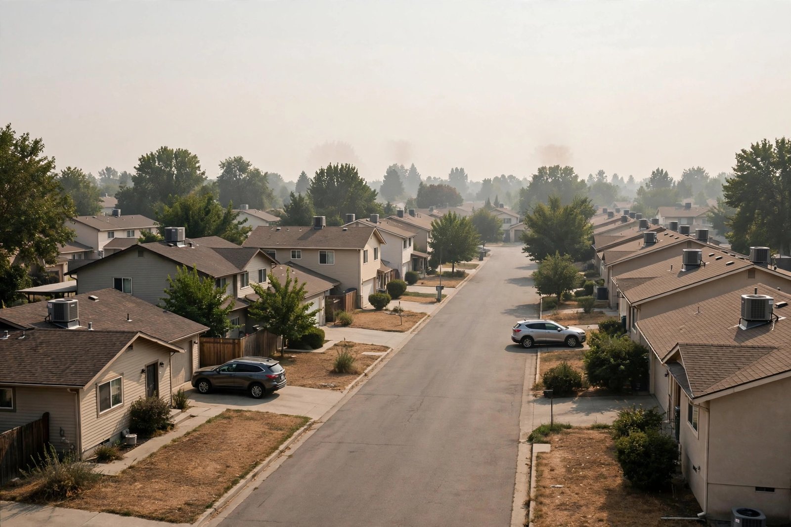 Suburban street with homes and rooftop air-conditioning units on a hot hazy afternoon