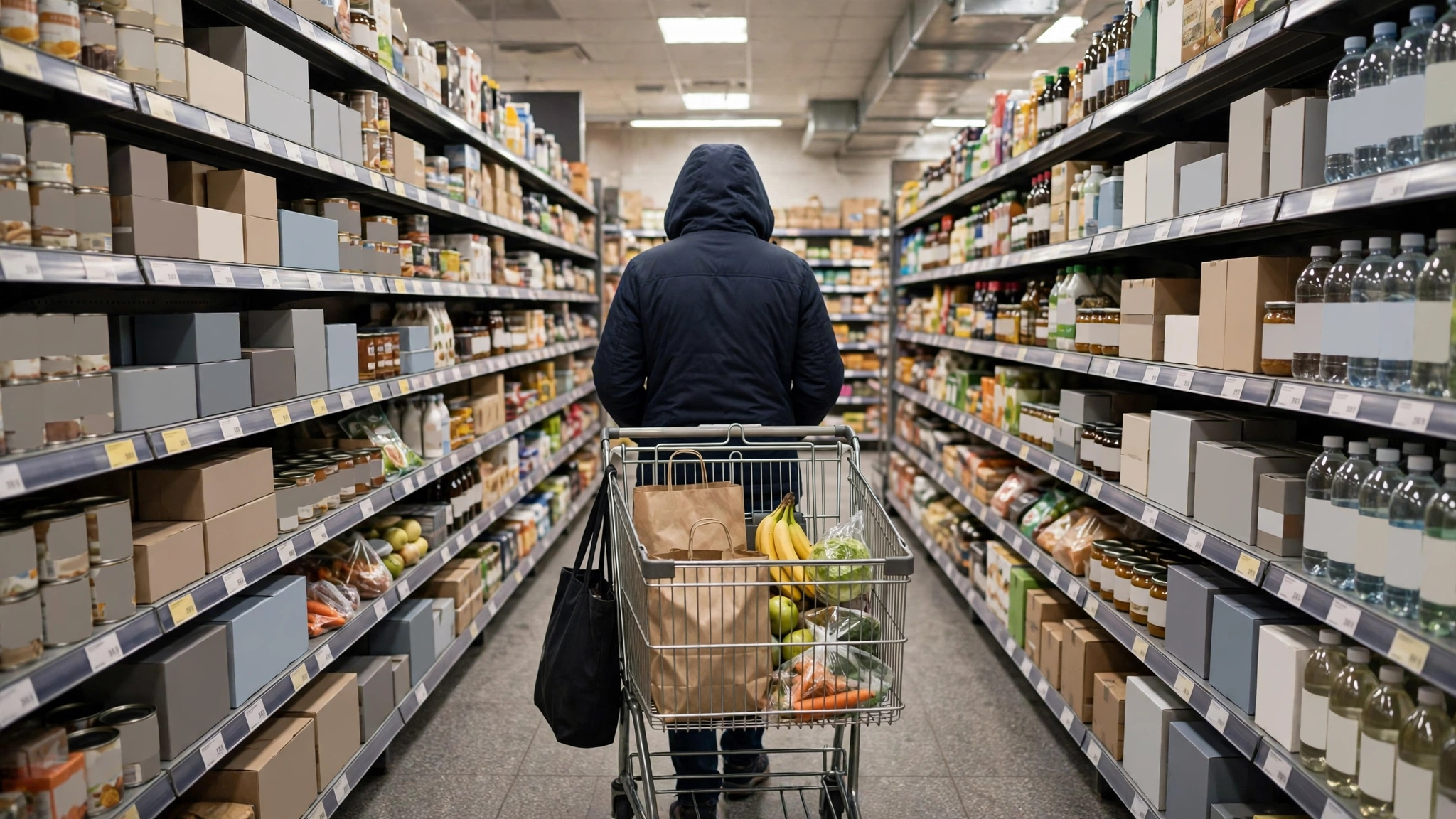 A shopper in a hooded jacket pushing a grocery cart through a supermarket aisle stocked with goods