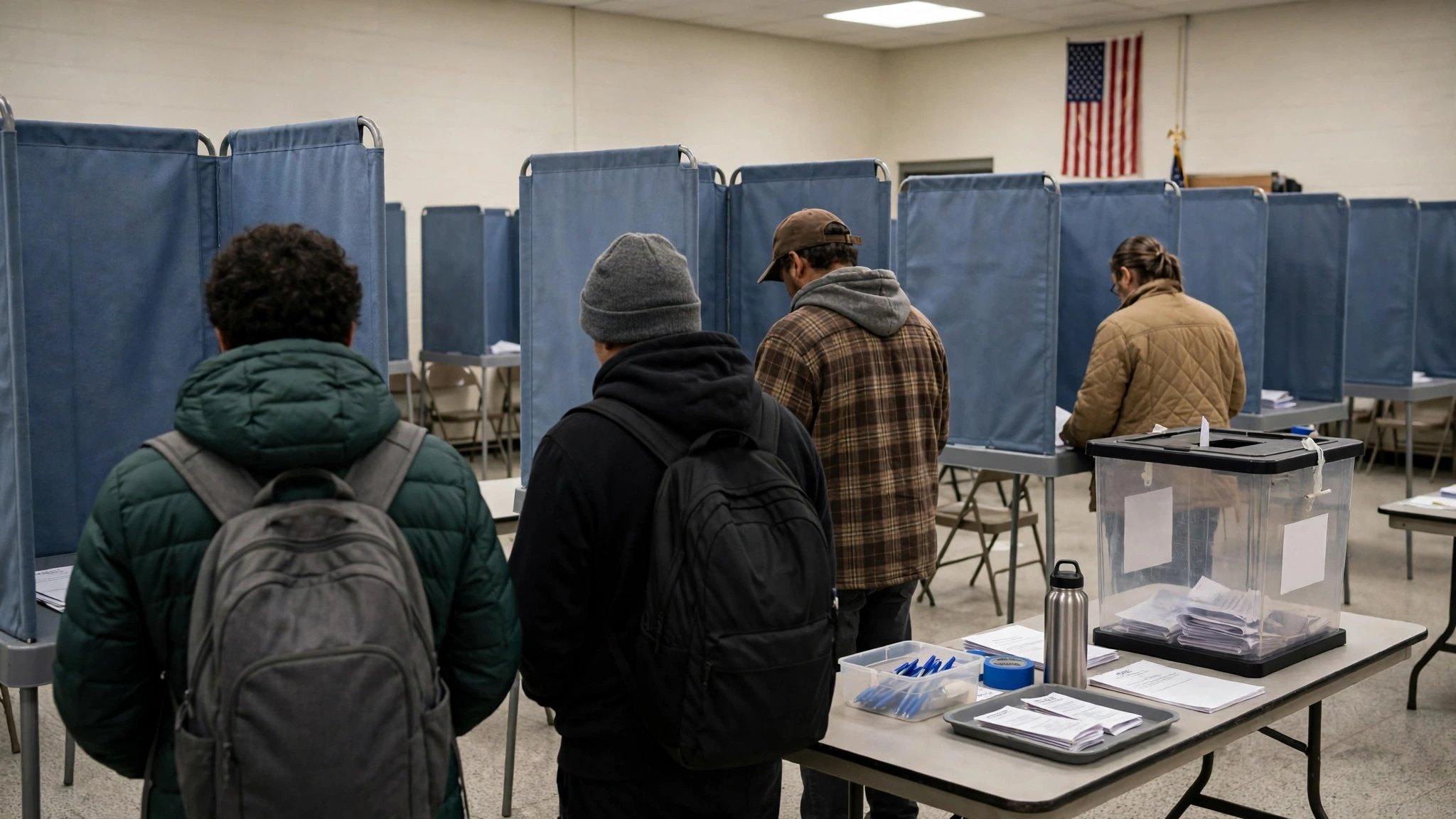Voters standing at blue privacy booths in an American polling station, with a ballot box on a table
