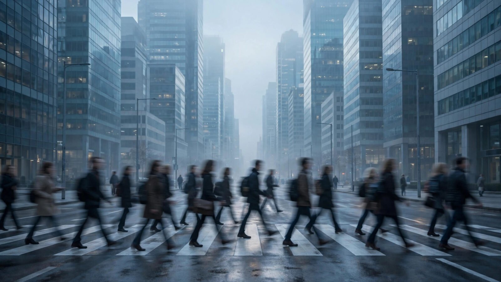 Commuters crossing a downtown street at dawn