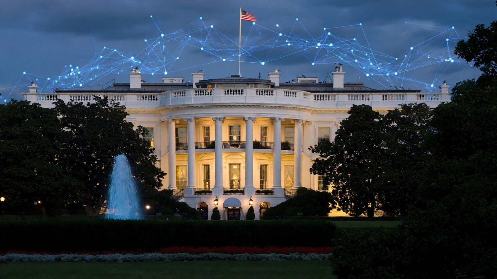 White House at dusk with a digital network overlay