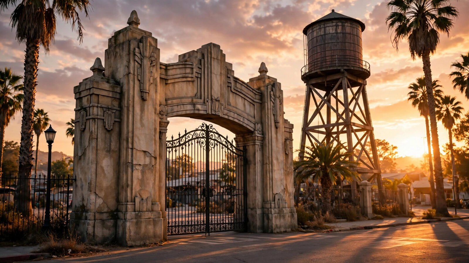 Hollywood movie studio entrance gate at sunset
