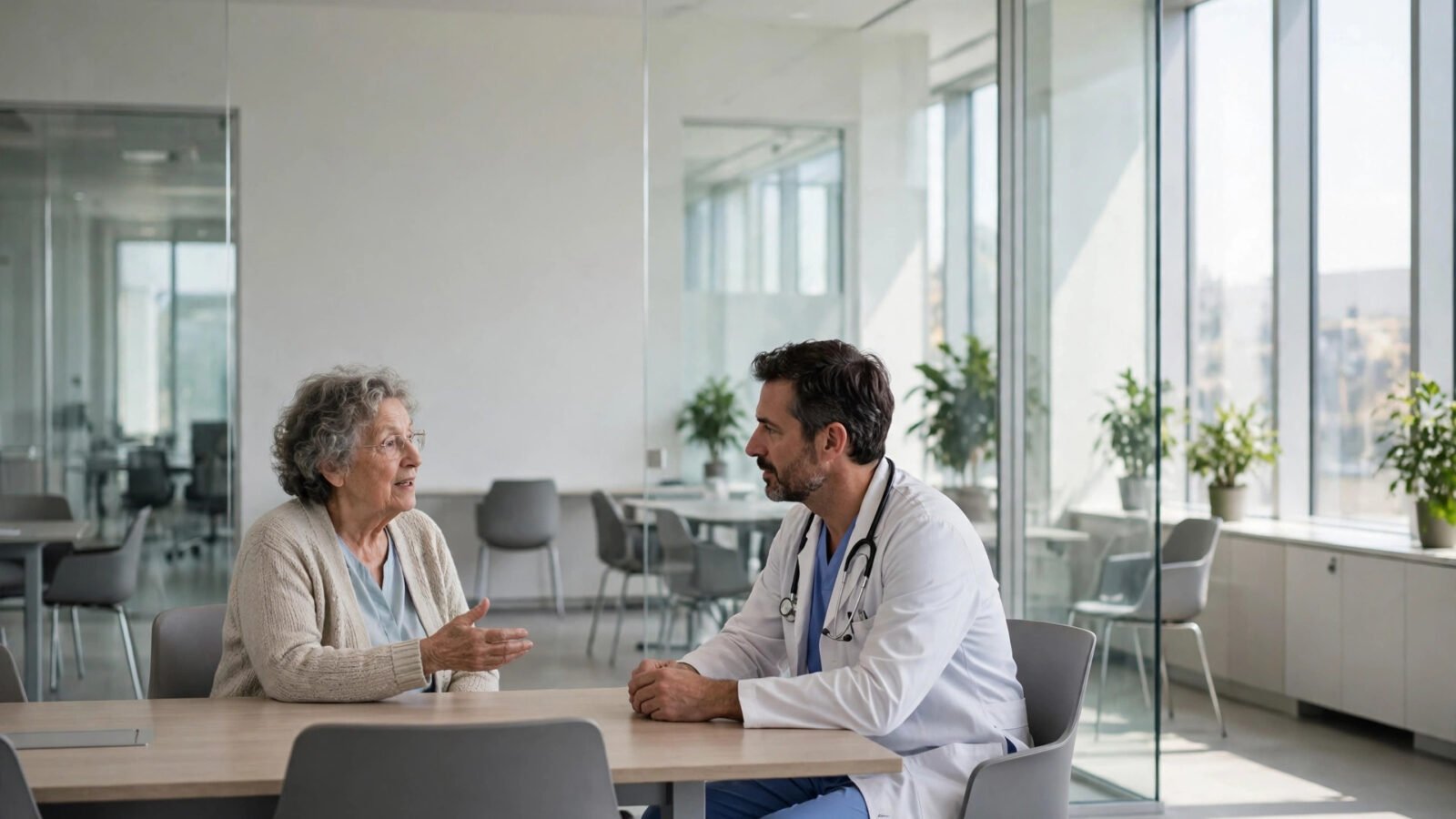 Elderly woman speaking with a doctor in a medical office