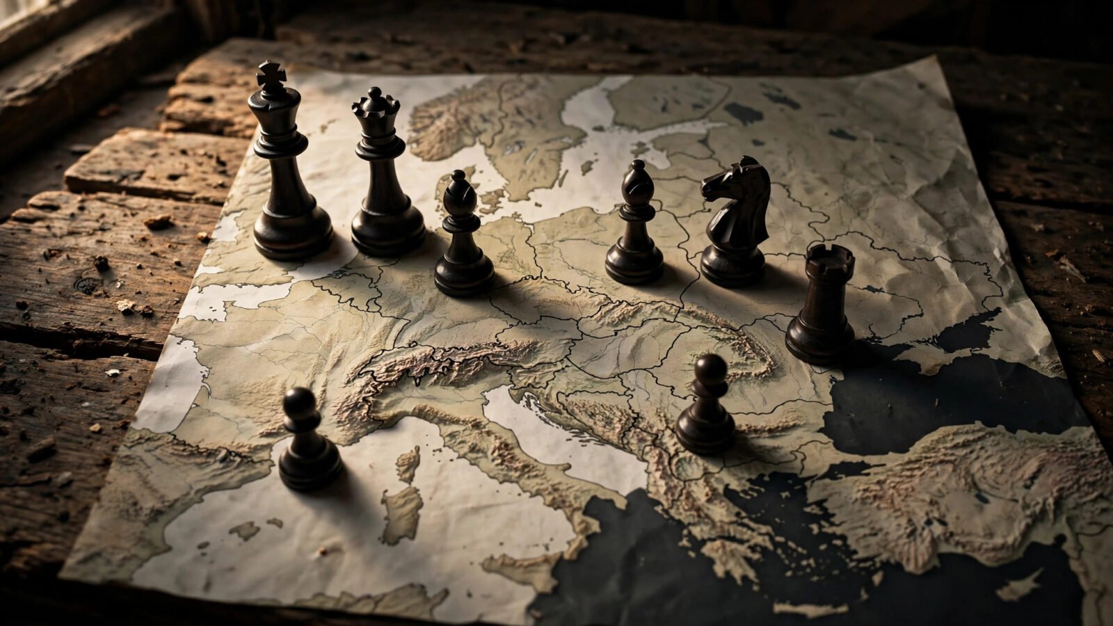 Chess pieces on a printed map of Eastern Europe