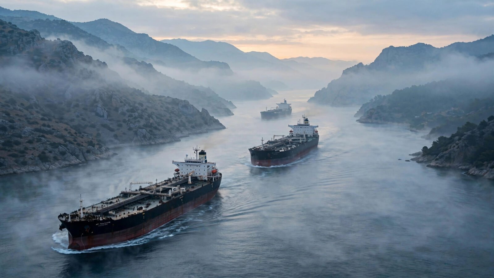Oil tankers crossing a narrow sea strait at dawn
