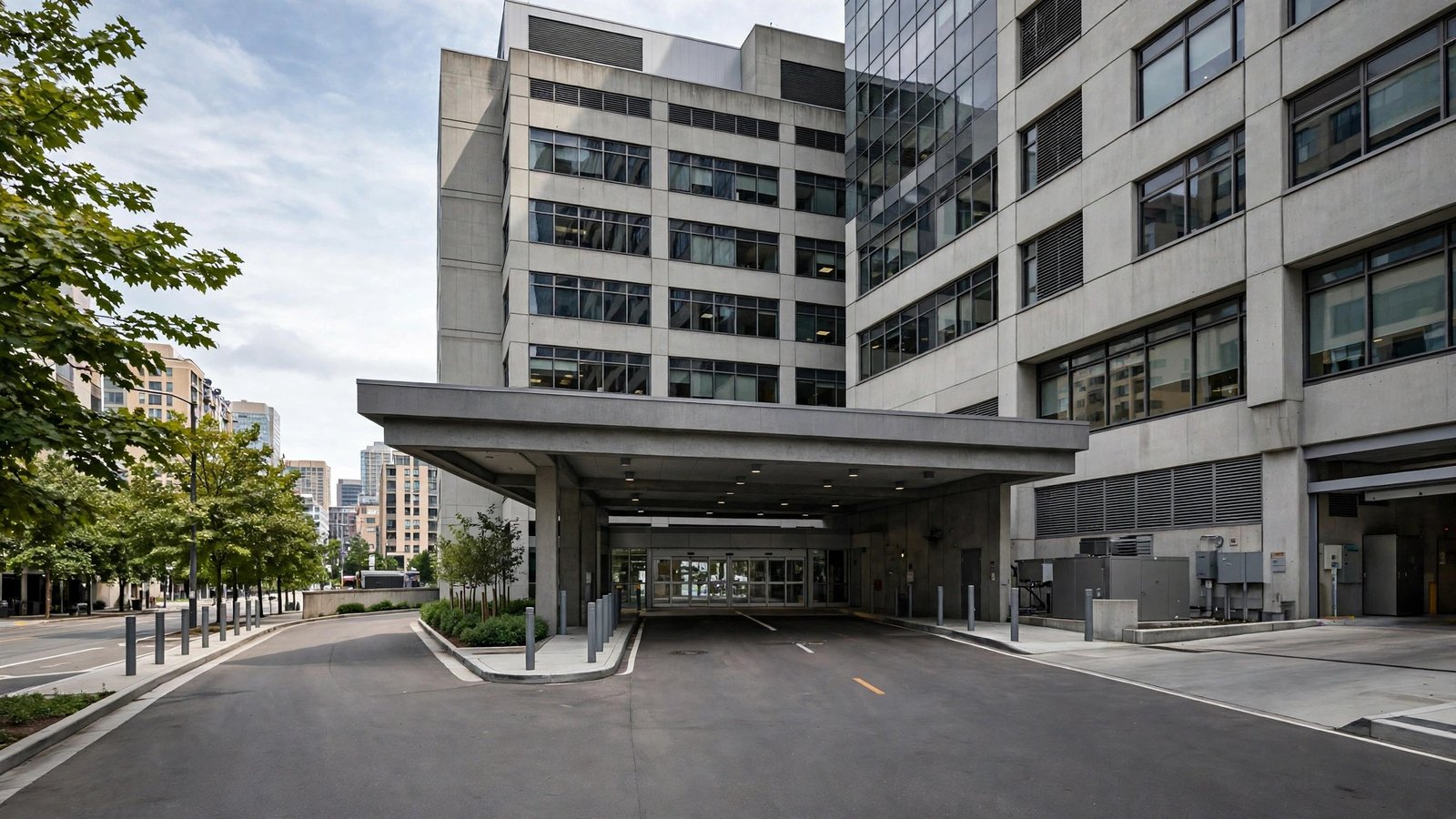 The exterior of a large city hospital building with a covered entrance driveway.