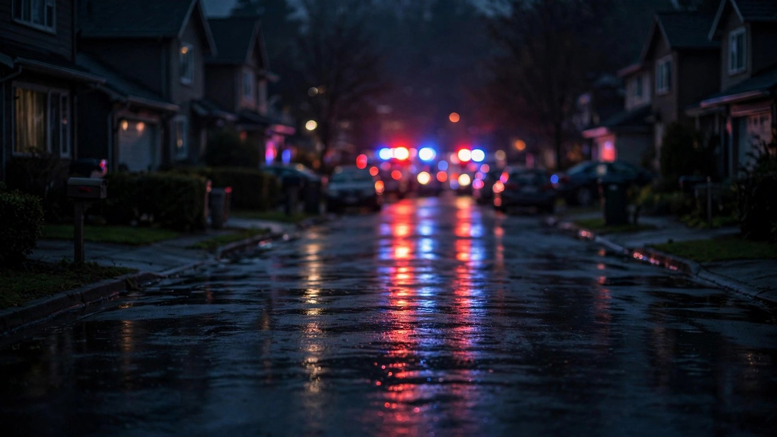Blurred red and blue emergency vehicle lights reflected on a wet residential street at night.