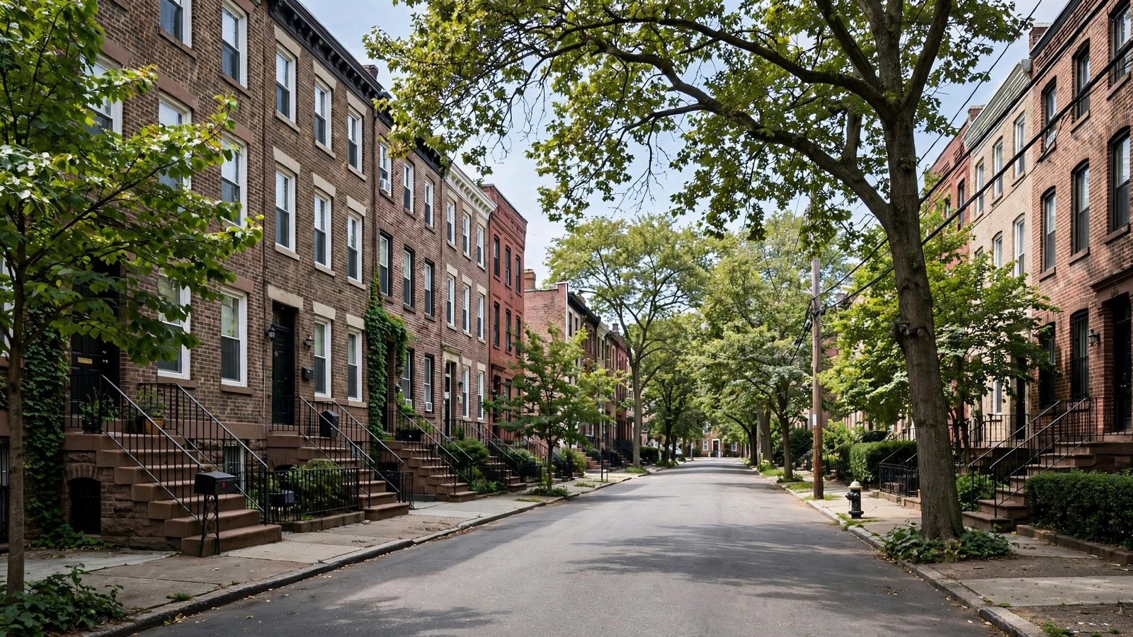 A quiet residential street lined with brick row houses and trees in New York City.