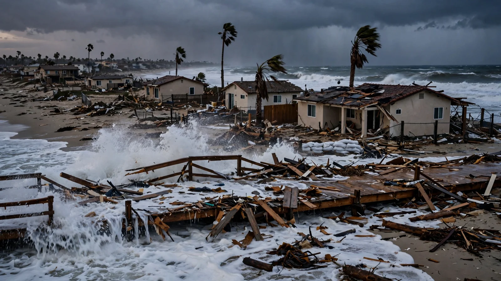 Waves crash over a storm-damaged wooden boardwalk and beachfront homes under dark storm clouds.