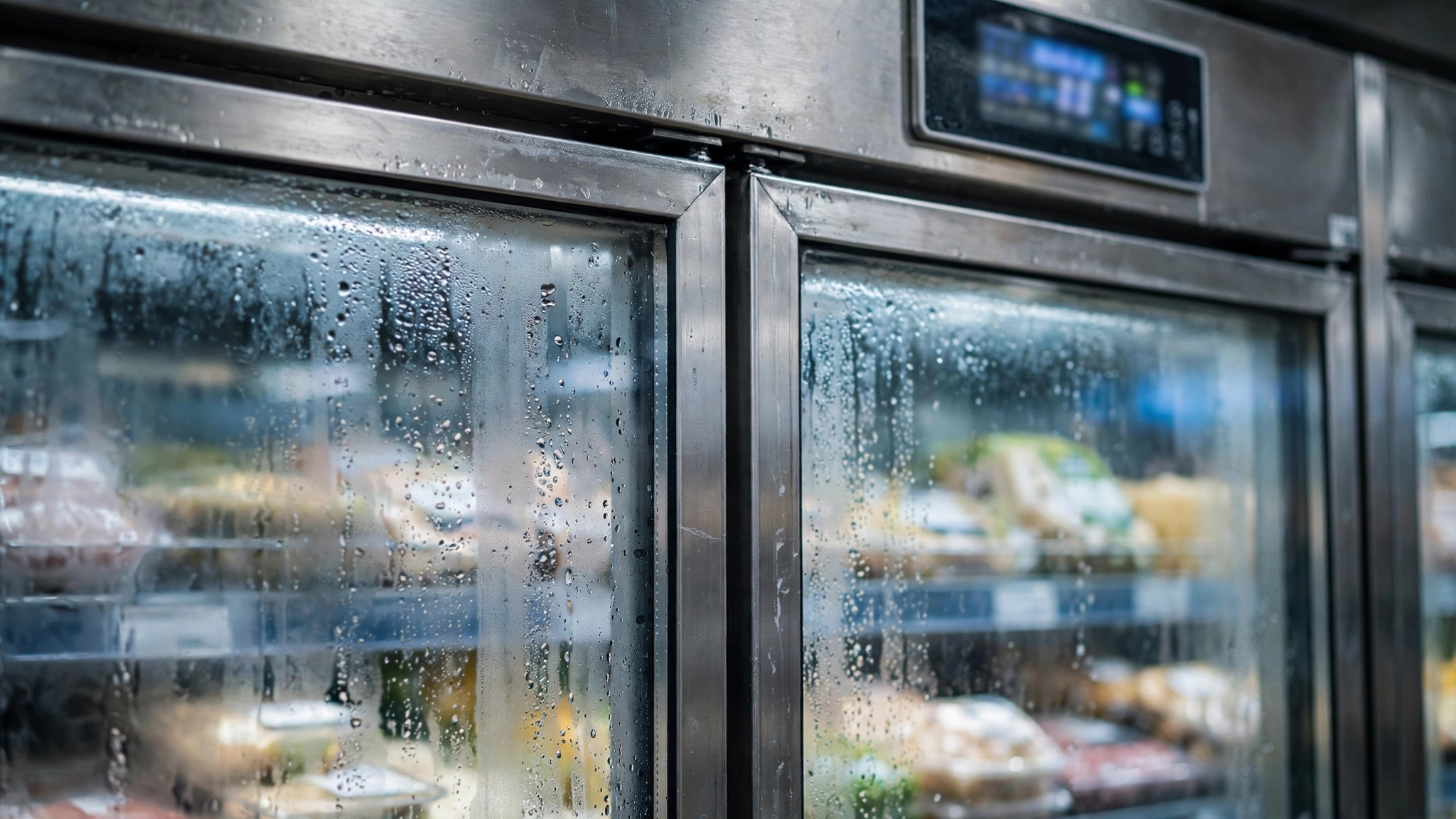 Close-up of a supermarket refrigeration display case with condensation on the glass doors and a blurred temperature control panel