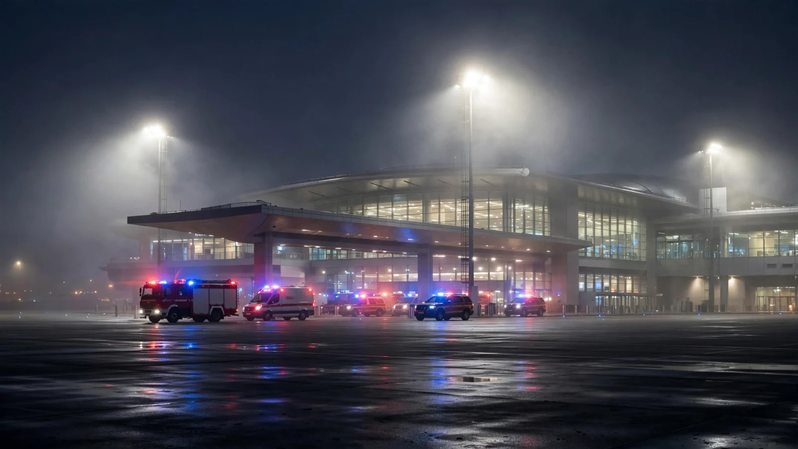 Emergency vehicles with flashing lights outside an airport terminal building at night after a missile attack